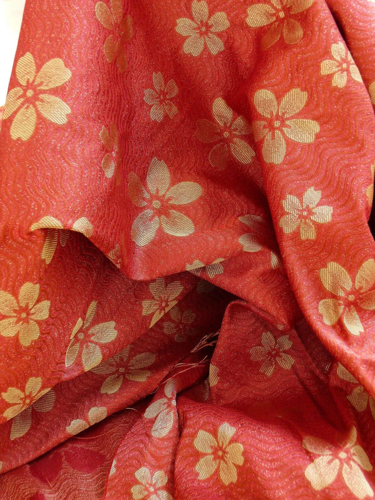 By Yard 100% Silk Damask Cherry Blossom on Creek “Crimson” Red White Light Gold Japanese Kimono