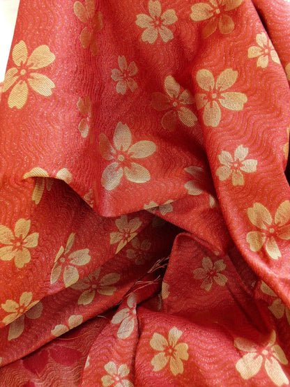 By Yard 100% Silk Damask Cherry Blossom on Creek “Crimson” Red White Light Gold Japanese Kimono
