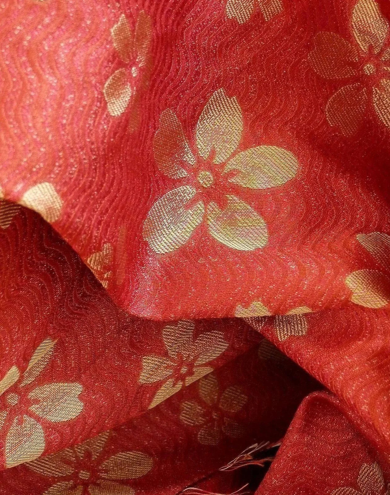 By Yard 100% Silk Damask Cherry Blossom on Creek “Crimson” Red White Light Gold Japanese Kimono
