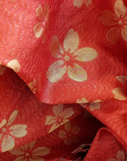 By Yard 100% Silk Damask Cherry Blossom on Creek “Crimson” Red White Light Gold Japanese Kimono