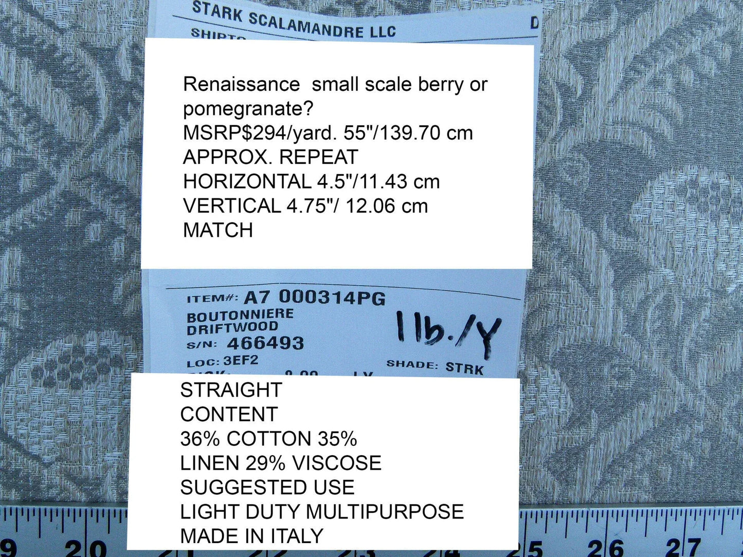 Scalamandre Boutonniere Driftwood Gray Blue Renaissance Small Scale Berry Pomegranate Jacquard Cotton Linen MSRP USD 402/y