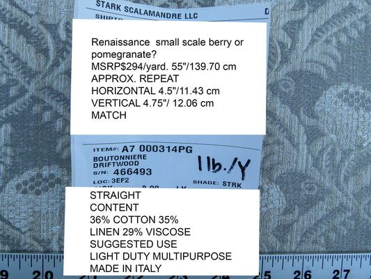 Scalamandre Boutonniere Driftwood Gray Blue Renaissance Small Scale Berry Pomegranate Jacquard Cotton Linen MSRP USD 402/y