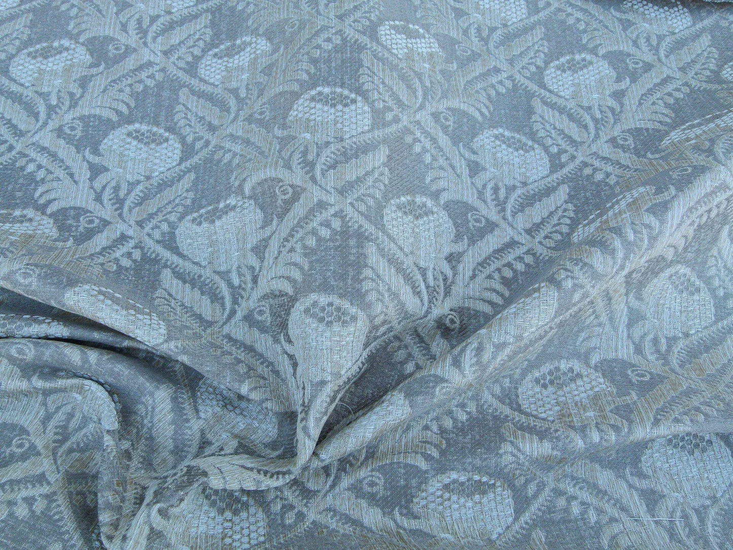 Scalamandre Boutonniere Driftwood Gray Blue Renaissance Small Scale Berry Pomegranate Jacquard Cotton Linen MSRP USD 402/y