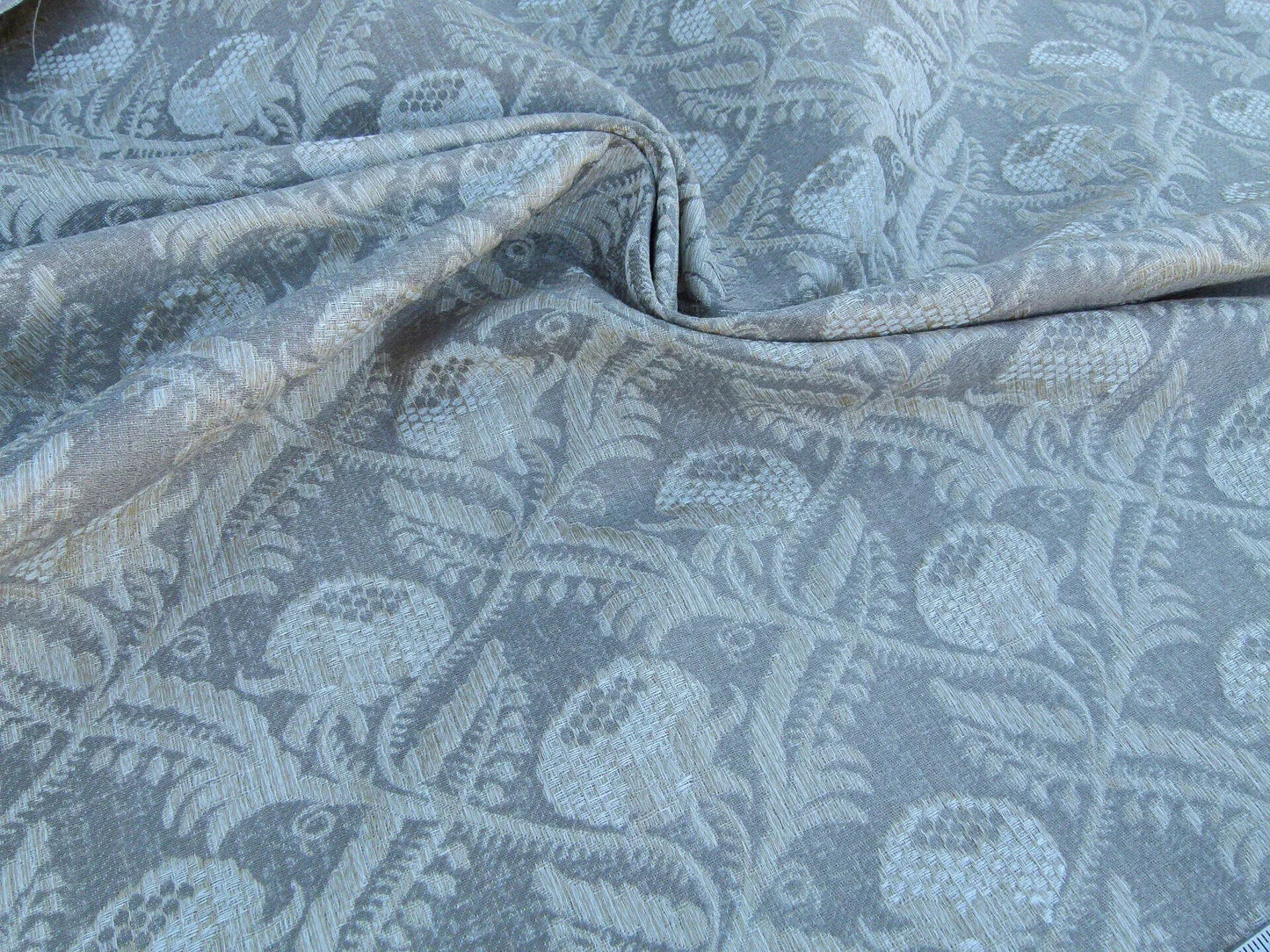 Scalamandre Boutonniere Driftwood Gray Blue Renaissance Small Scale Berry Pomegranate Jacquard Cotton Linen MSRP USD 402/y