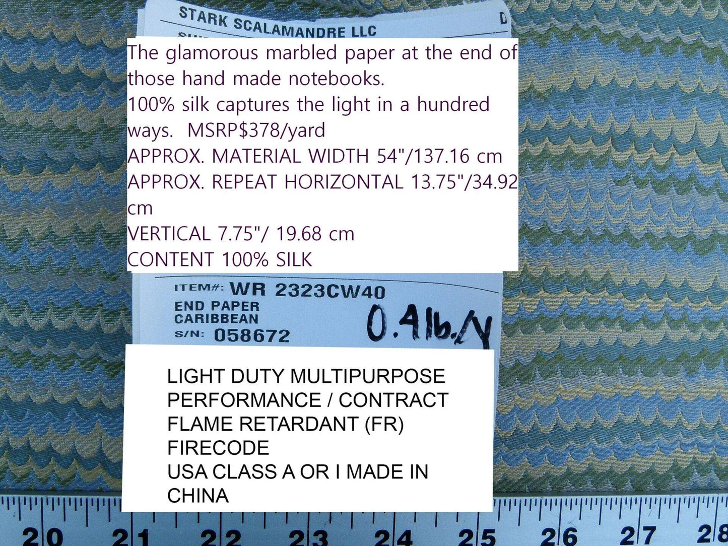 Scalamandre End Paper Caribbean 100% Silk Glamorous Marbled Paper Wave Light Blue Aqua Green Gold MSRP USD 378