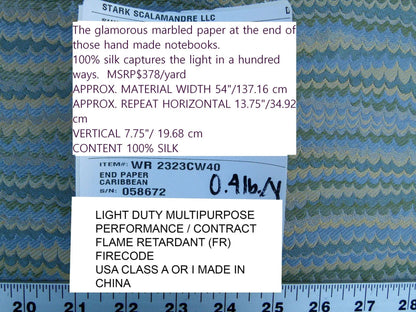 Scalamandre End Paper Caribbean 100% Silk Glamorous Marbled Paper Wave Light Blue Aqua Green Gold MSRP USD 378