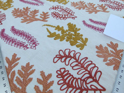 Scalamandre Harbor Coral Seaweeds White Brown Pink Yellow Maroon  Ocean Plants Coral Reef Embroidery Linen MSRP USD 288