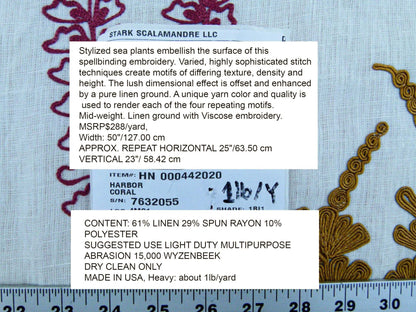 Scalamandre Harbor Coral Seaweeds White Brown Pink Yellow Maroon  Ocean Plants Coral Reef Embroidery Linen MSRP USD 288
