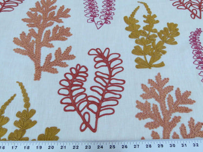 Scalamandre Harbor Coral Seaweeds White Brown Pink Yellow Maroon  Ocean Plants Coral Reef Embroidery Linen MSRP USD 288