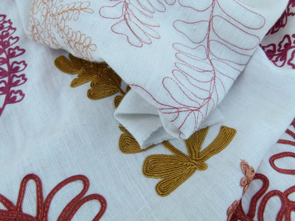 Scalamandre Harbor Coral Seaweeds White Brown Pink Yellow Maroon  Ocean Plants Coral Reef Embroidery Linen MSRP USD 288