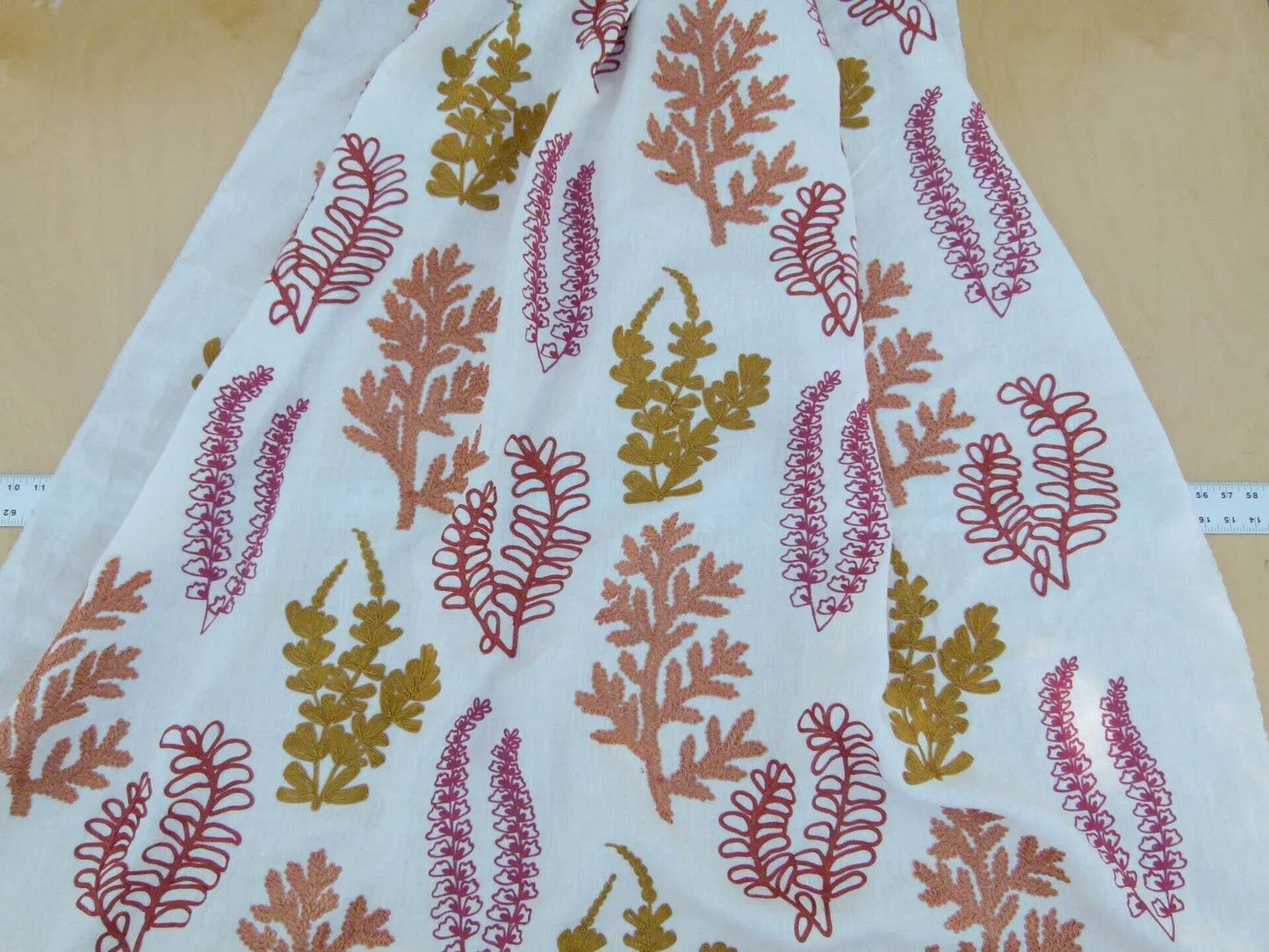 Scalamandre Harbor Coral Seaweeds White Brown Pink Yellow Maroon  Ocean Plants Coral Reef Embroidery Linen MSRP USD 288