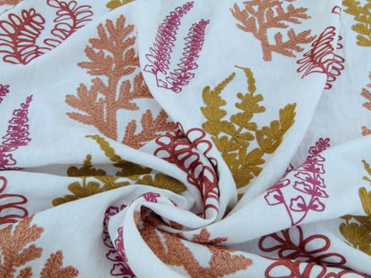 Scalamandre Harbor Coral Seaweeds White Brown Pink Yellow Maroon  Ocean Plants Coral Reef Embroidery Linen MSRP USD 288
