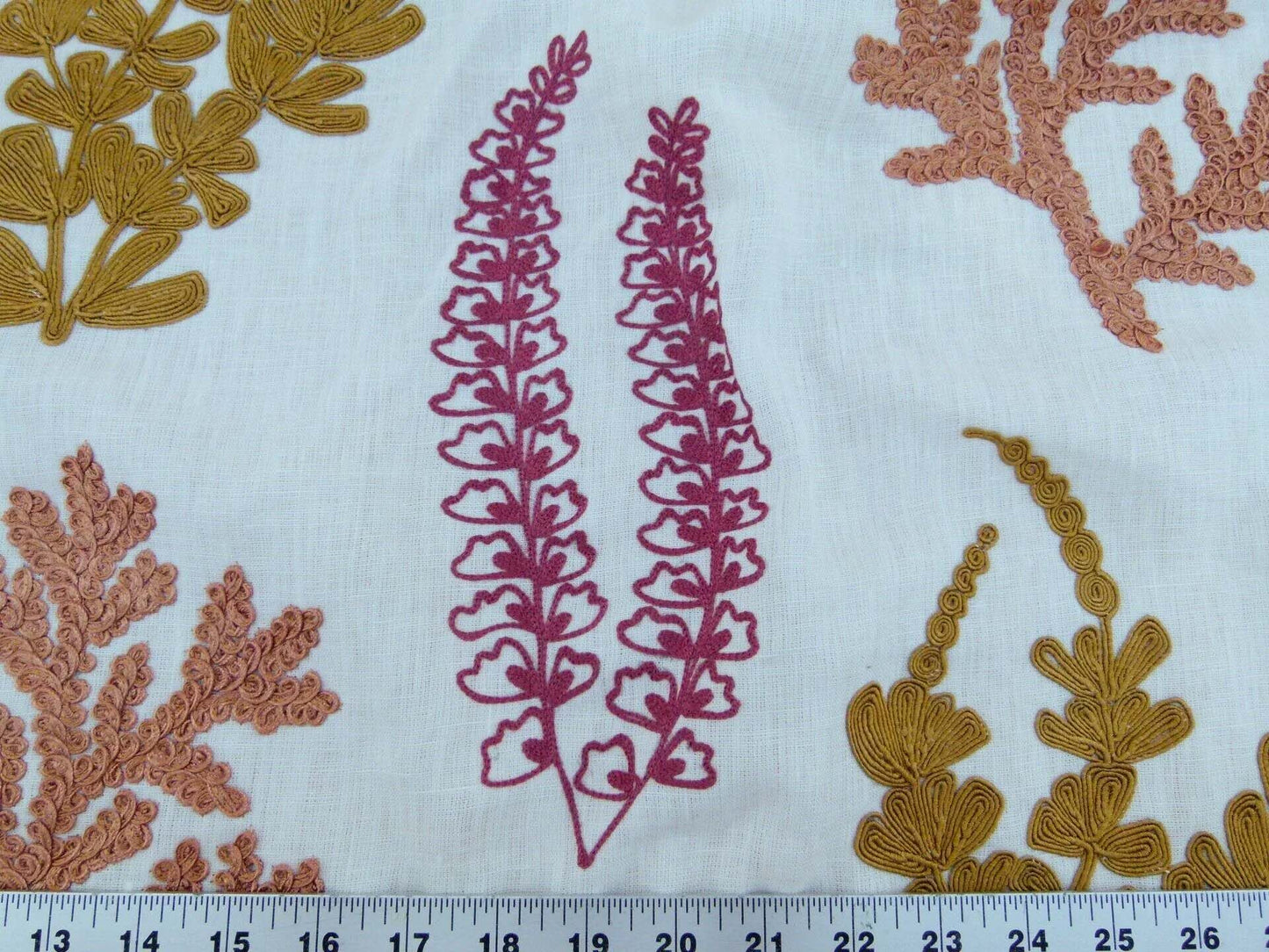Scalamandre Harbor Coral Seaweeds White Brown Pink Yellow Maroon  Ocean Plants Coral Reef Embroidery Linen MSRP USD 288