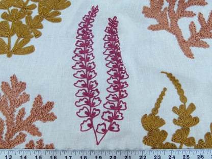 Scalamandre Harbor Coral Seaweeds White Brown Pink Yellow Maroon  Ocean Plants Coral Reef Embroidery Linen MSRP USD 288