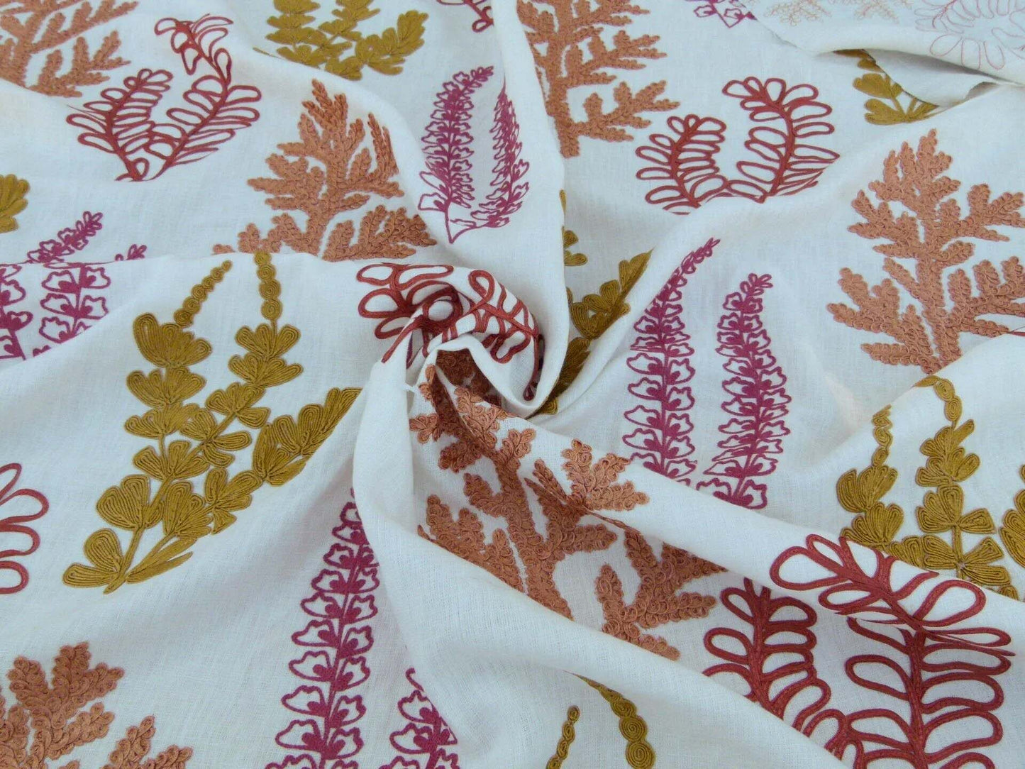 Scalamandre Harbor Coral Seaweeds White Brown Pink Yellow Maroon  Ocean Plants Coral Reef Embroidery Linen MSRP USD 288