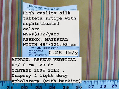 Scalamandre Bon Chance Multi Silk Taffeta Stripe With Sophisticated Colors Yellow Gold Red Turquoise Blue MSRP USD 132
