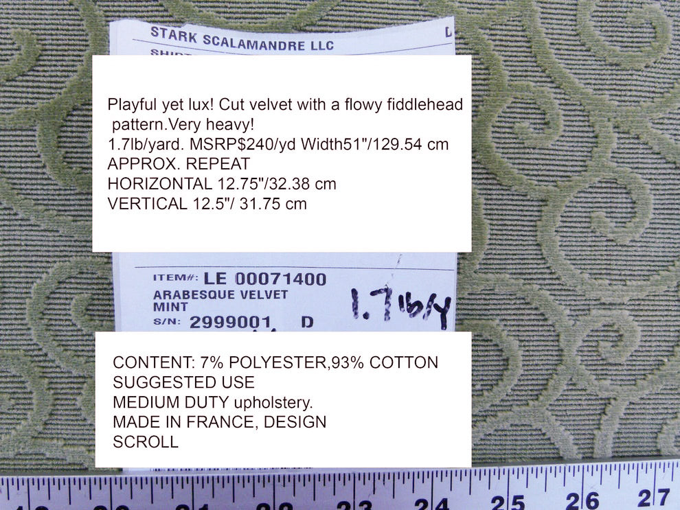 Scalamandre Arabesque Velvet Mint  Cut Velvet Flowy Fiddlehead Fern Scroll Green Cotton Heavy By The Yard - MSRP USD 240/yd