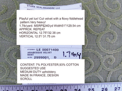 Scalamandre Arabesque Velvet Mint  Cut Velvet Flowy Fiddlehead Fern Scroll Green Cotton Heavy By The Yard - MSRP USD 240/yd