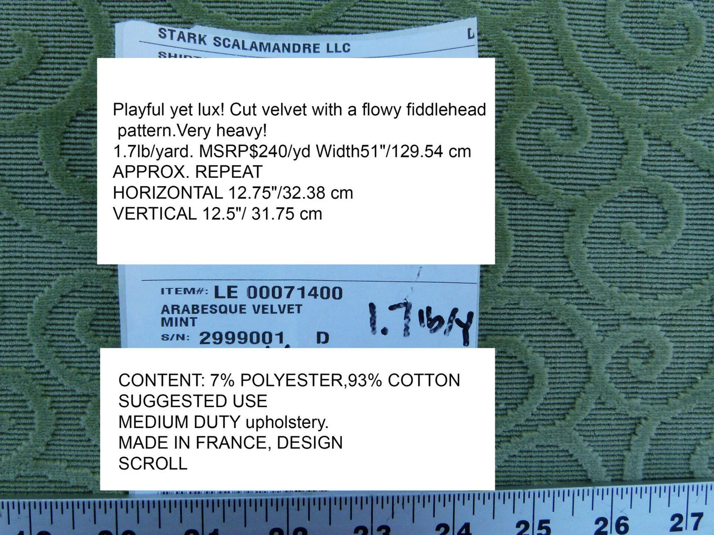 Scalamandre Arabesque Velvet Mint  Cut Velvet Flowy Fiddlehead Fern Scroll Green Cotton MSRP USD 240/yd