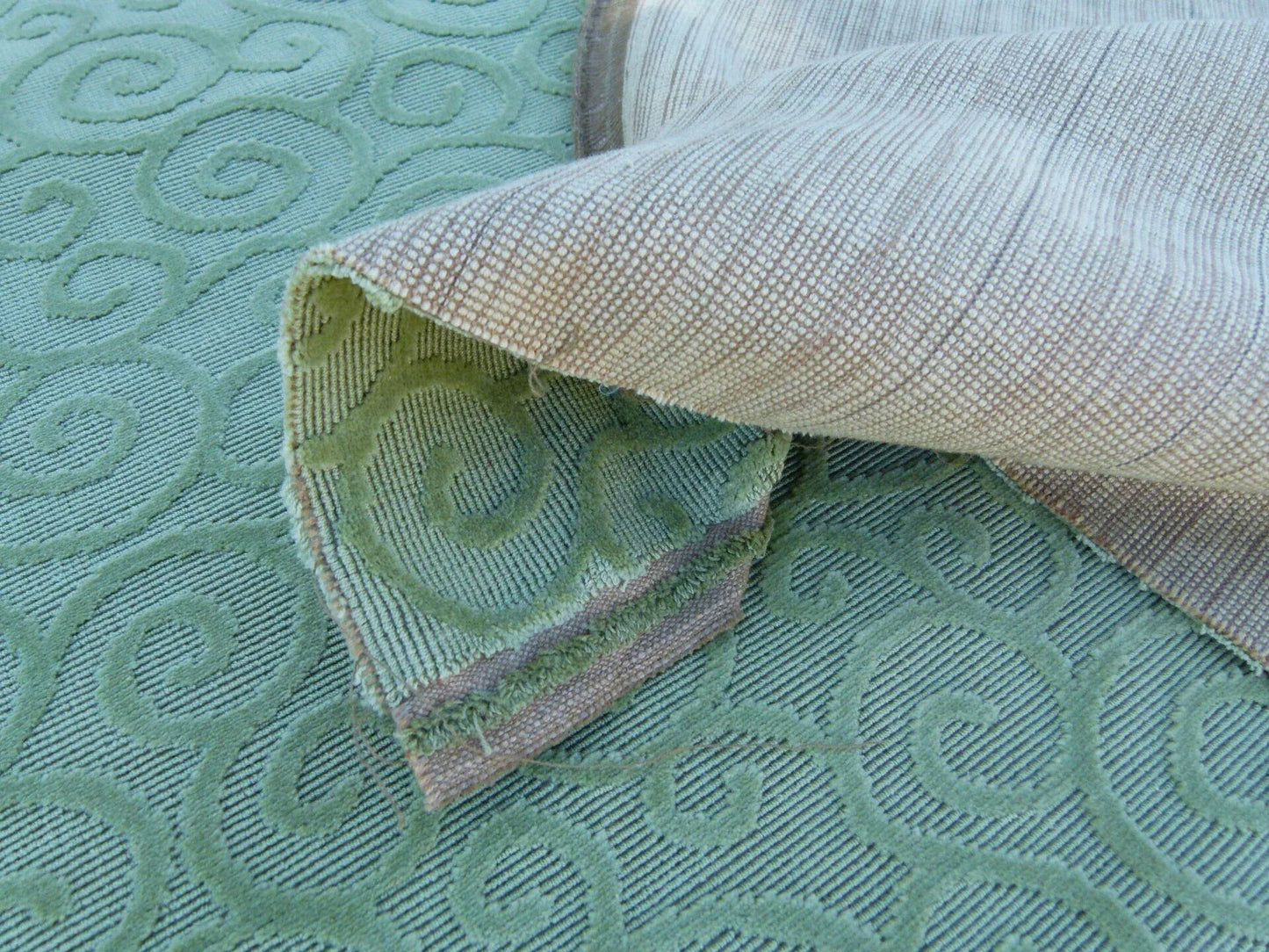 Scalamandre Arabesque Velvet Mint  Cut Velvet Flowy Fiddlehead Fern Scroll Green Cotton MSRP USD 240/yd