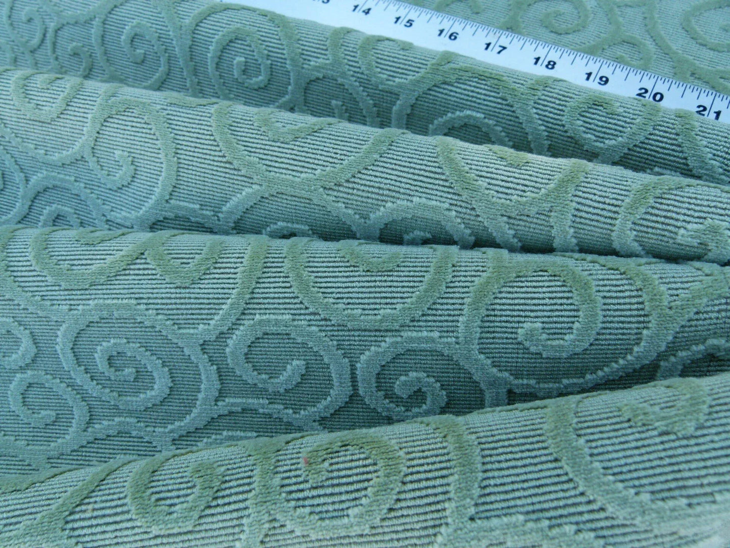 Scalamandre Arabesque Velvet Mint  Cut Velvet Flowy Fiddlehead Fern Scroll Green Cotton MSRP USD 240/yd