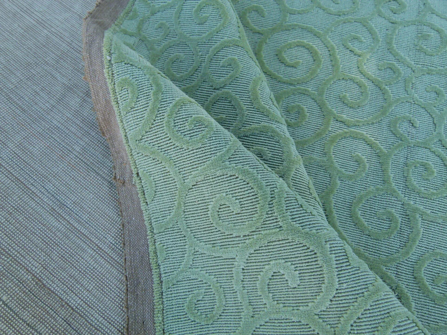Scalamandre Arabesque Velvet Mint  Cut Velvet Flowy Fiddlehead Fern Scroll Green Cotton MSRP USD 240/yd