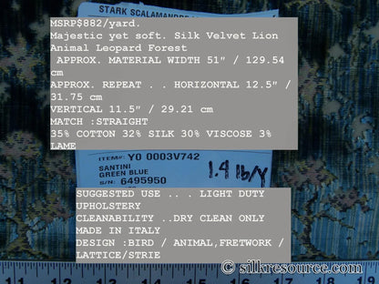 Scalamandre Santini Green Blue Silk Velvet Lion Animal Leopard Forest MSRP USD 882/y