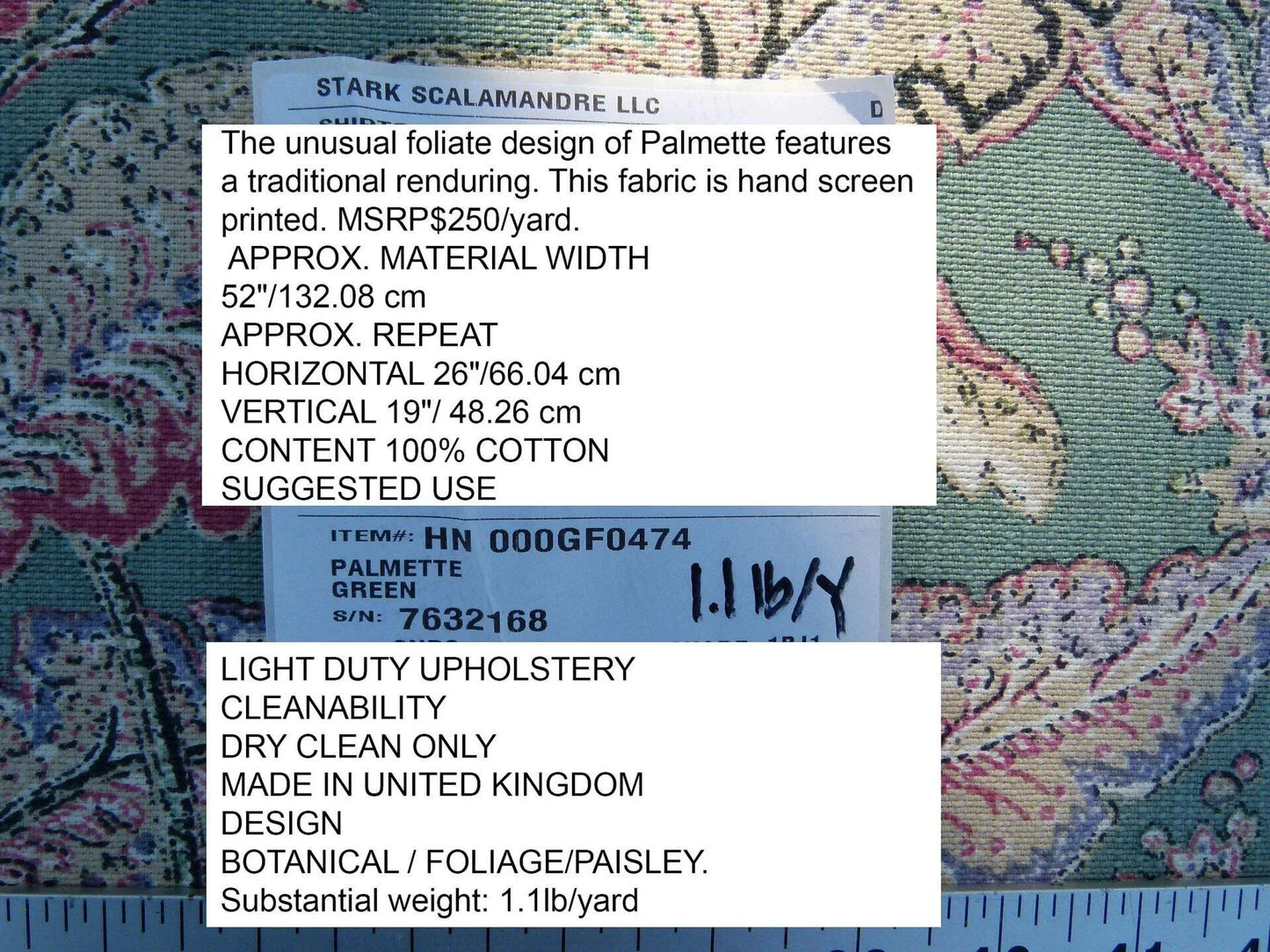 Scalamandre Palmette Green Hand Screen Printed  MSRP USD 250