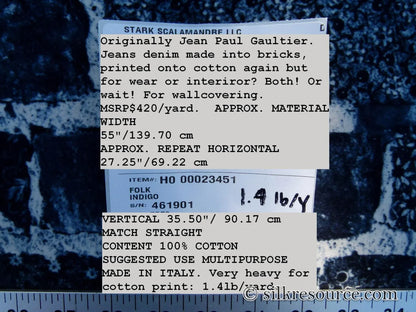 0.75y Scalamandre Jean Paul Gaultier Folk Indigo Jeans Denim Made Into Bricks Blue Green MSRP USD 420/y