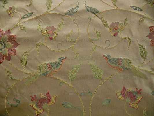 by yard 100%silk Lampas Satin Love Bird Curry Lite Gold