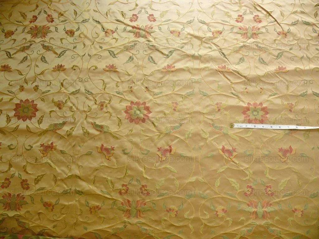 by yard 100%silk Lampas Satin Love Bird Curry Lite Gold