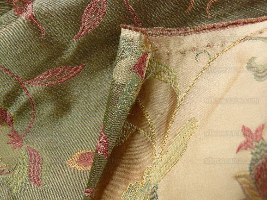 by yard 100%silk Lampas Satin Love Bird Curry Lite Gold