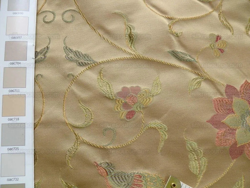 by yard 100%silk Lampas Satin Love Bird Curry Lite Gold