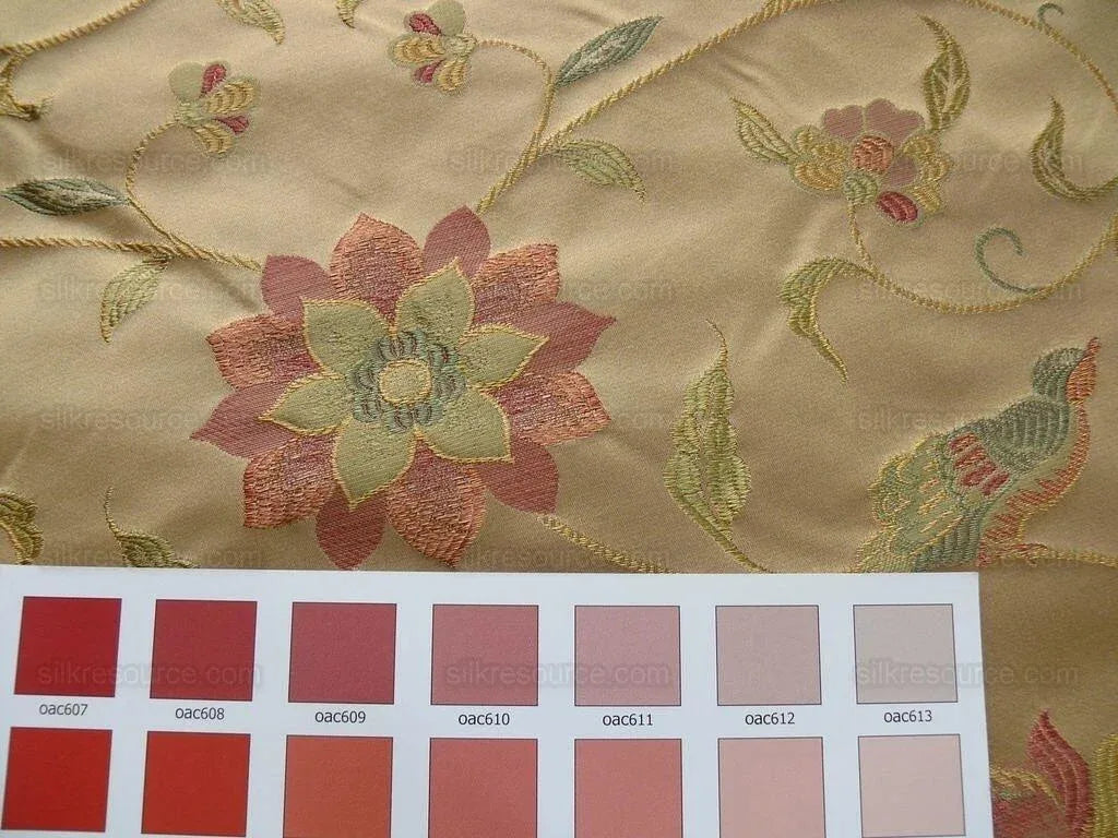 by yard 100%silk Lampas Satin Love Bird Curry Lite Gold