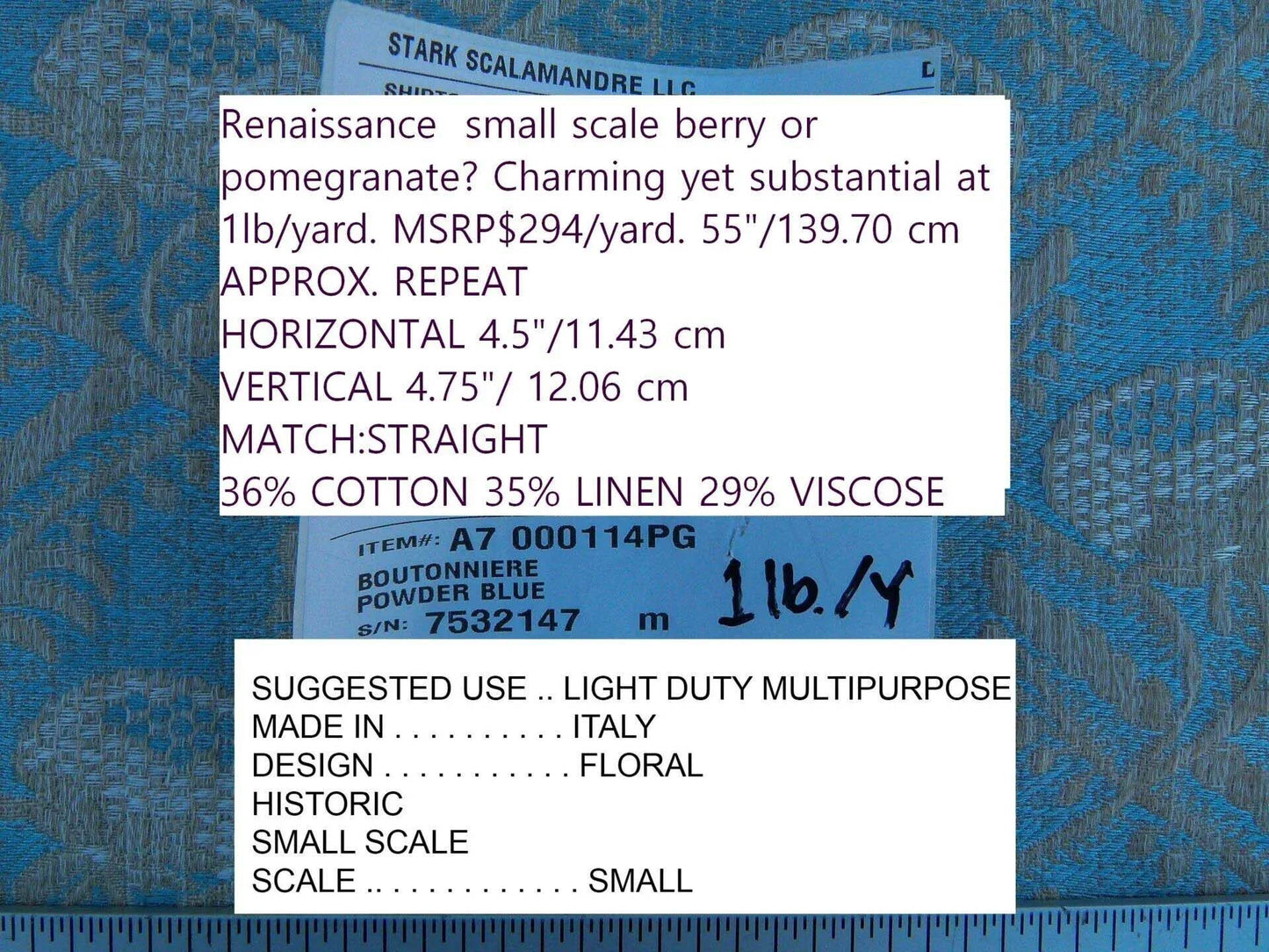 Scalamandre Boutonniere Powder Blue Renaissance Small Scale Berry Pomegranate Jacquard Cotton Linen MSRP USD 402/y
