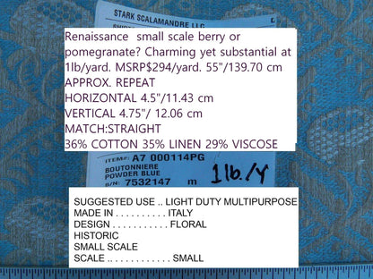 Scalamandre Boutonniere Powder Blue Renaissance Small Scale Berry Pomegranate Jacquard Cotton Linen MSRP USD 402/y