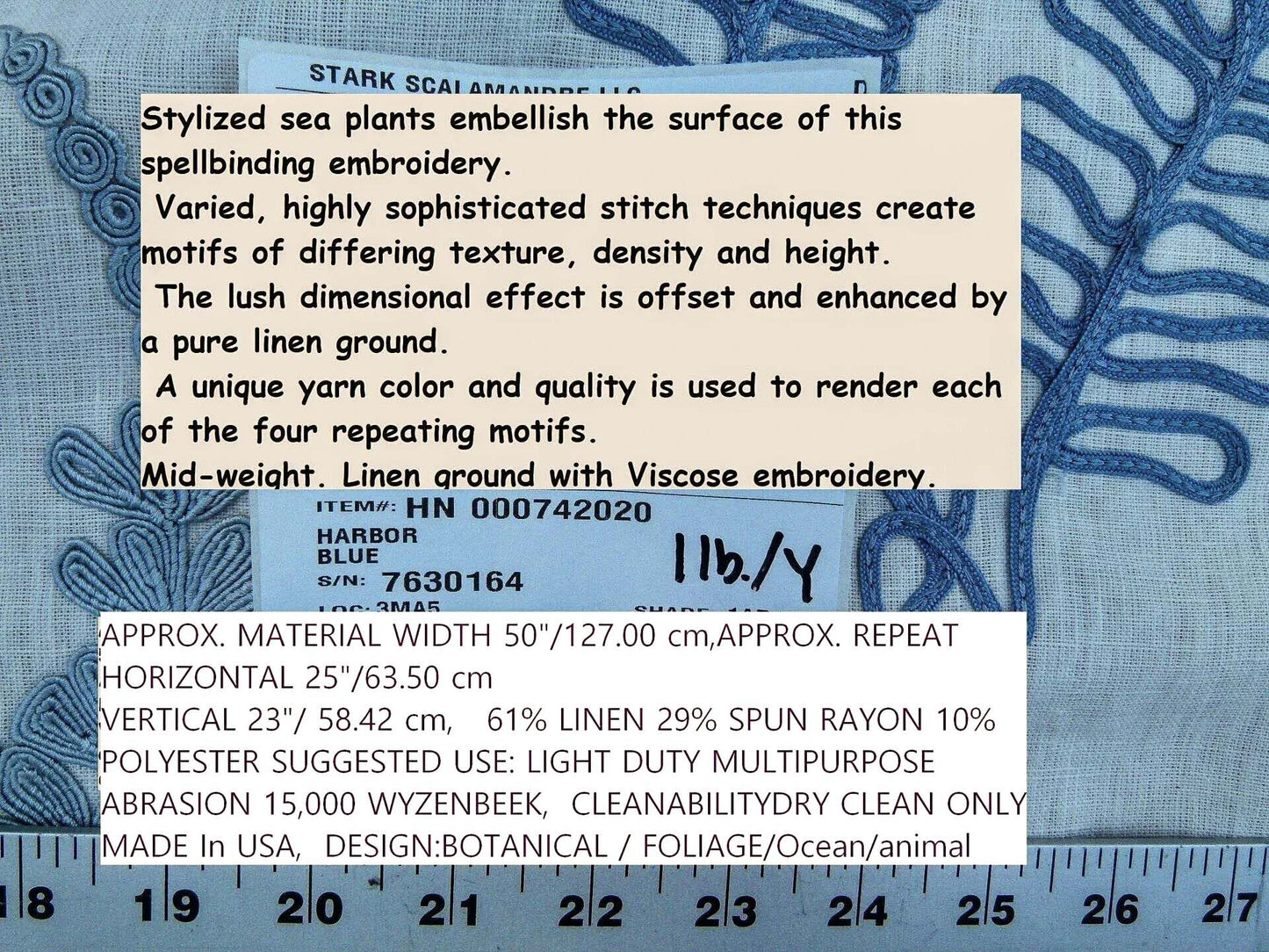 Scalamandre Harbor Blue Seaweeds Ocean Plants Coral Reef Embroidery Linen MSRP USD 288