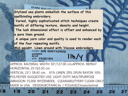 Scalamandre Harbor Blue Seaweeds Ocean Plants Coral Reef Embroidery Linen MSRP USD 288