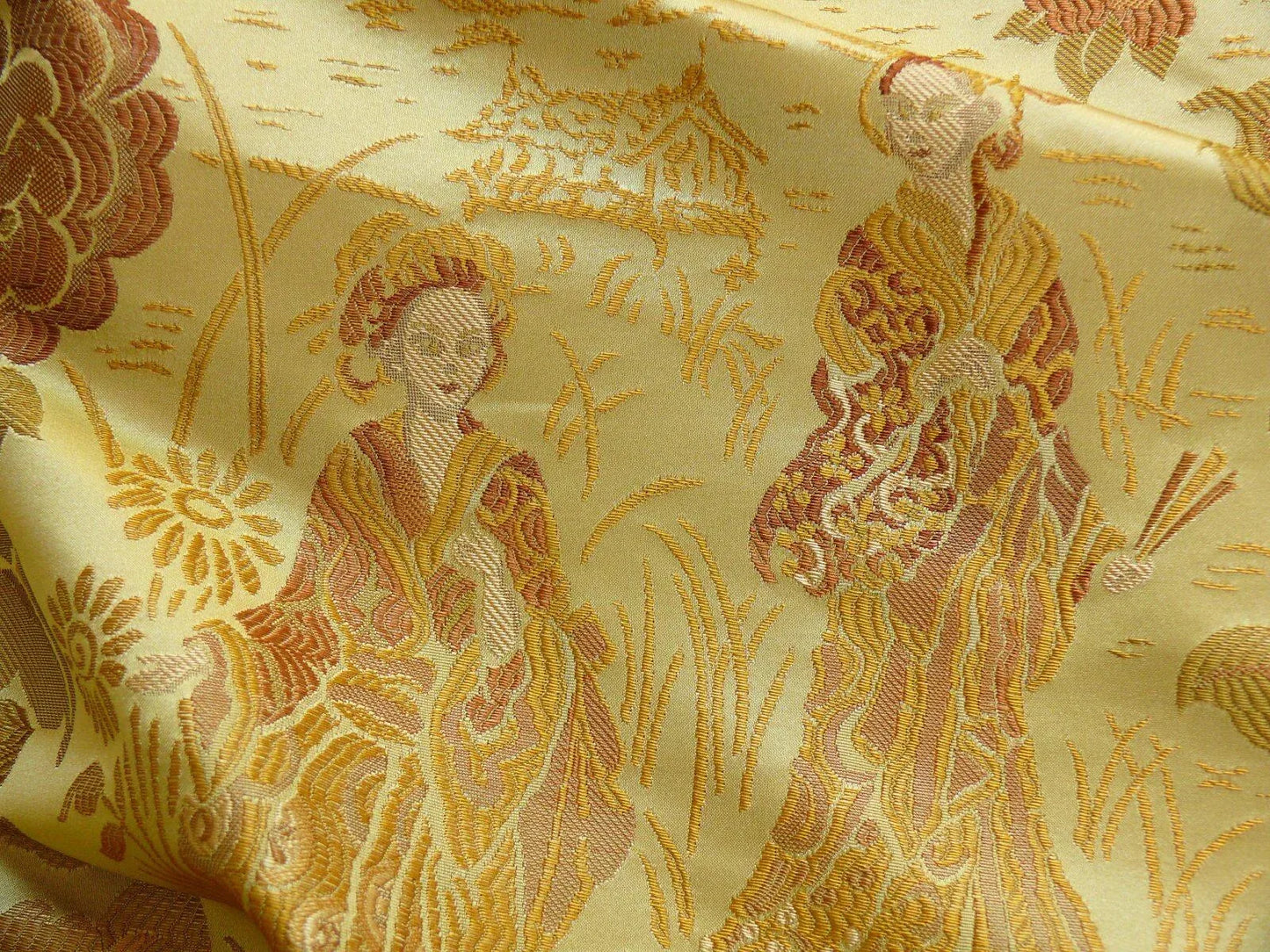 100%silk Lampas Madame Butterfly "cinnamon" Golden Light Tan