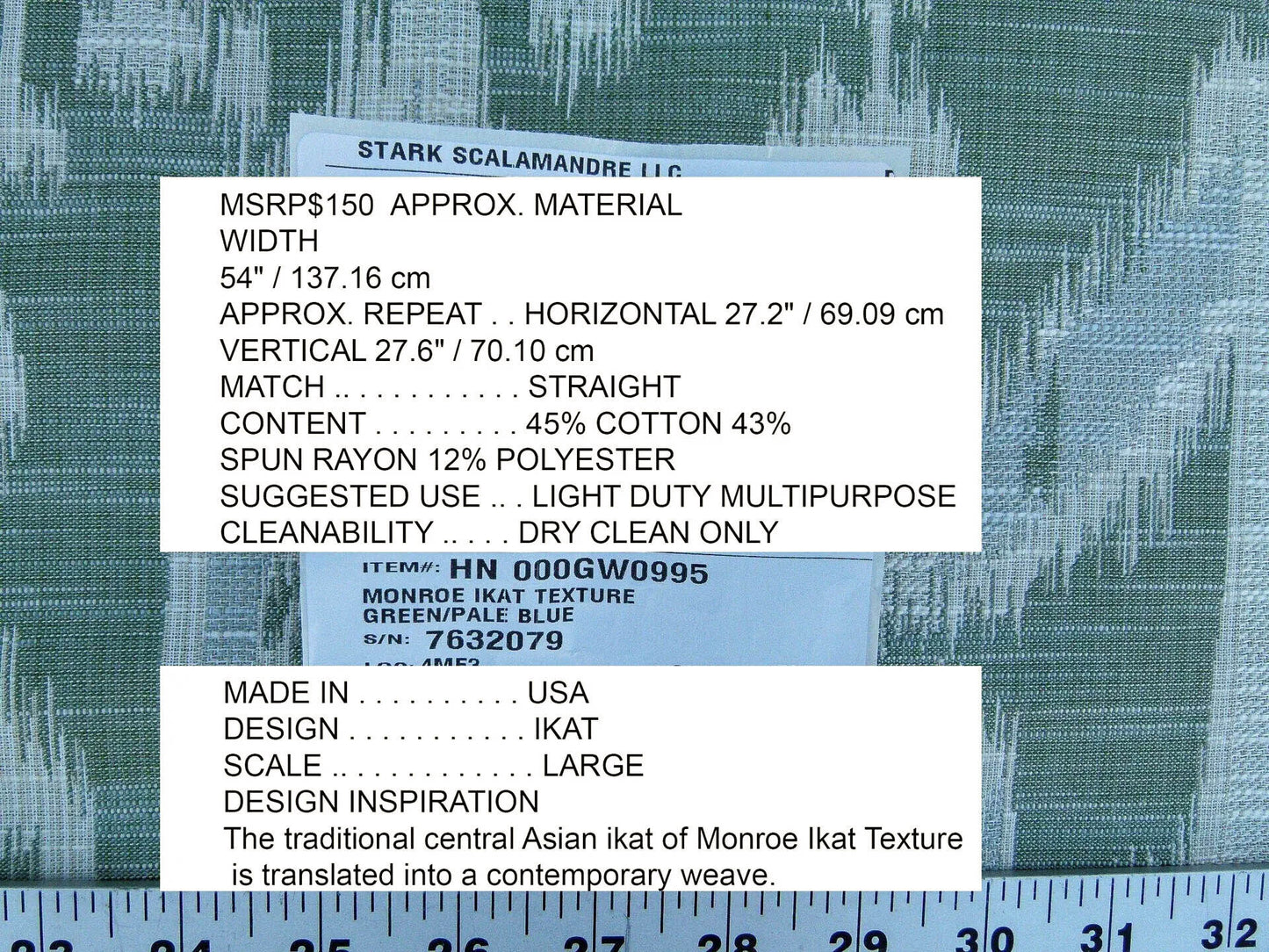 Scalamandre Monroe Ikat Texture Green Pale Blue Soft Upholstery With An Ikat Pattern MSRP USD 150