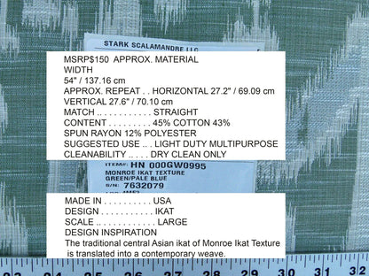 Scalamandre Monroe Ikat Texture Green Pale Blue Soft Upholstery With An Ikat Pattern MSRP USD 150