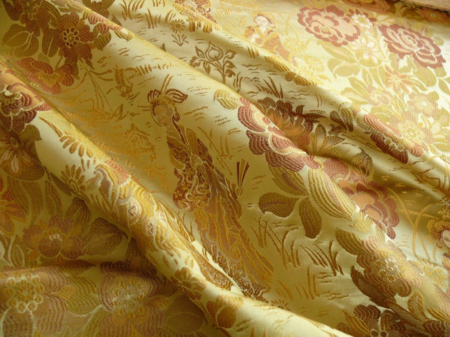 100%silk Lampas Madame Butterfly "cinnamon" Golden Light Tan