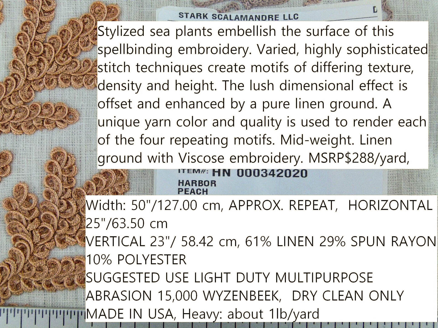 Scalamandre Harbor Peach Seaweeds Ocean Plants Coral Reef Embroidery Linen MSRP USD 288