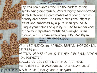 Scalamandre Harbor Peach Seaweeds Ocean Plants Coral Reef Embroidery Linen MSRP USD 288
