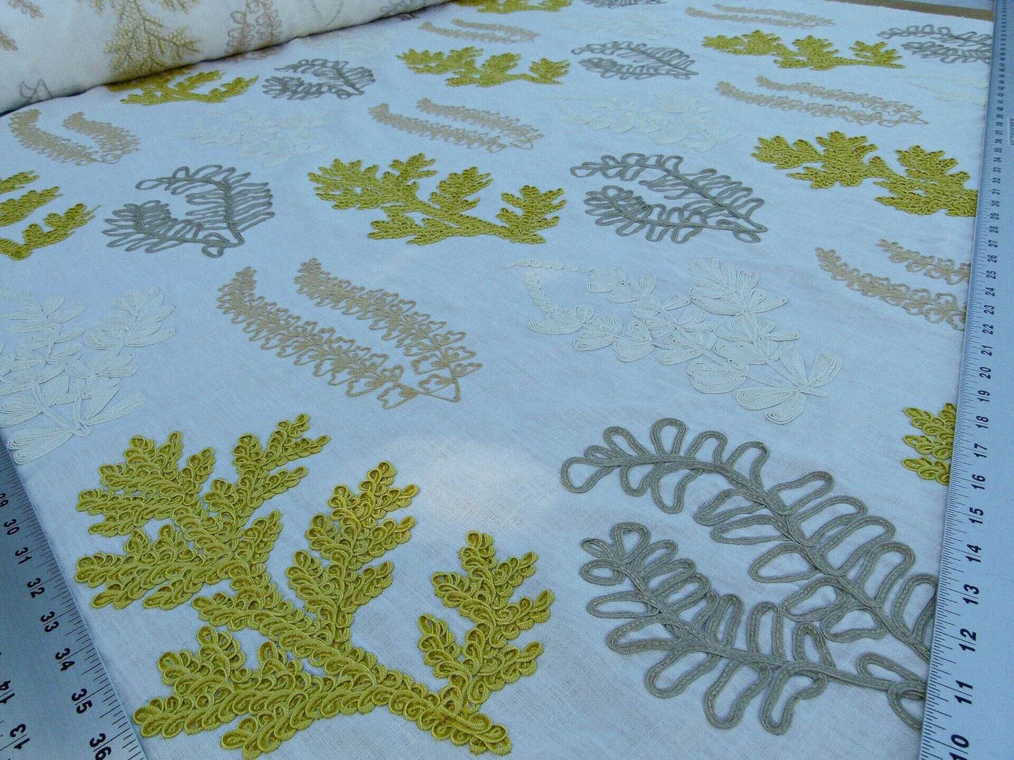 Scalamandre Harbor Yellow Seaweeds Ocean Plants Coral Reef Embroidery Linen MSRP USD 288