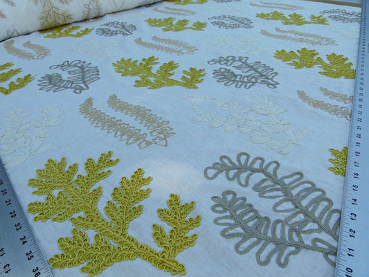 Scalamandre Harbor Yellow Seaweeds Ocean Plants Coral Reef Embroidery Linen MSRP USD 288