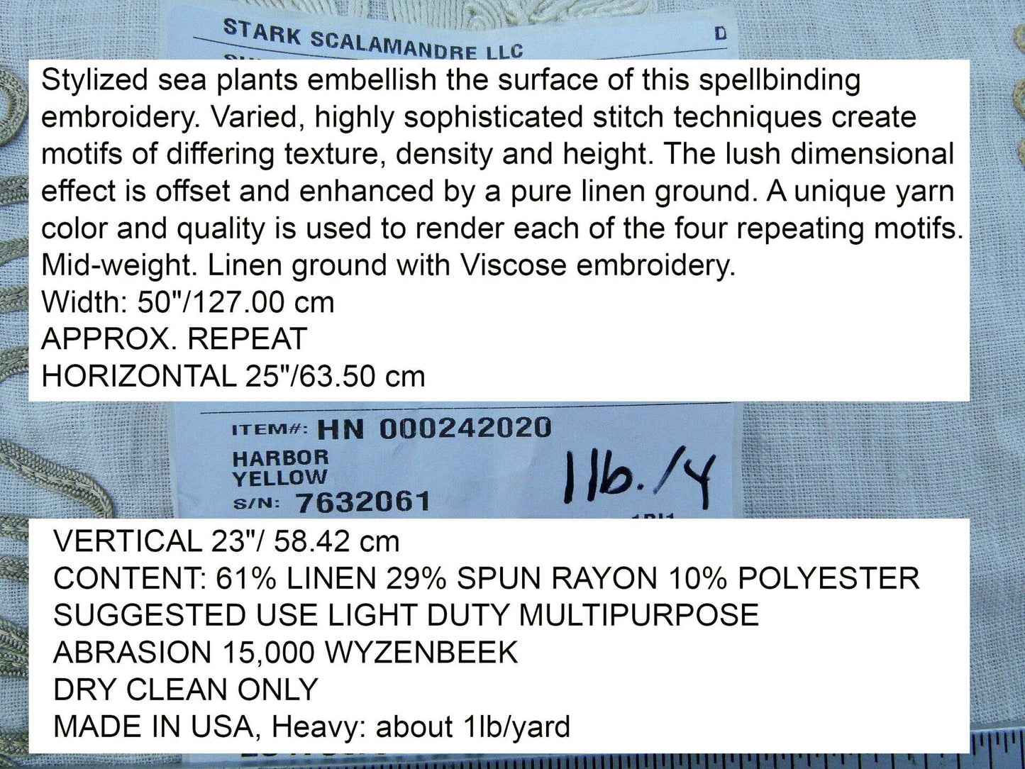 Scalamandre Harbor Yellow Seaweeds Ocean Plants Coral Reef Embroidery Linen MSRP USD 288