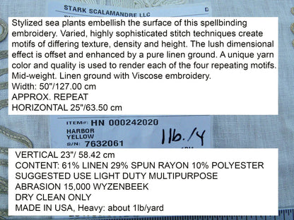 Scalamandre Harbor Yellow Seaweeds Ocean Plants Coral Reef Embroidery Linen MSRP USD 288