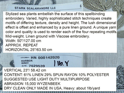 Scalamandre Harbor Grey Seaweeds Ocean Plants Coral Reef Embroidery Linen MSRP USD 288