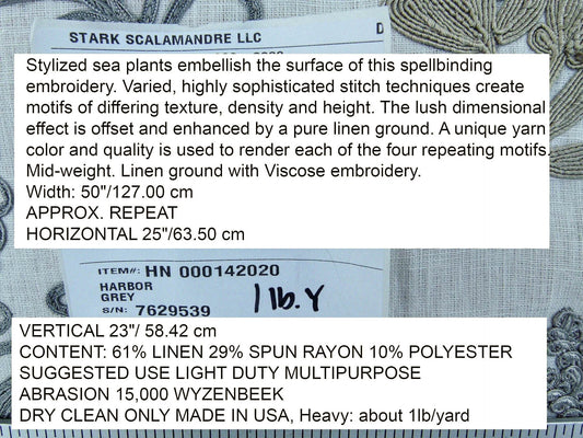 Scalamandre Harbor Grey Seaweeds Ocean Plants Coral Reef Embroidery Linen MSRP USD 288